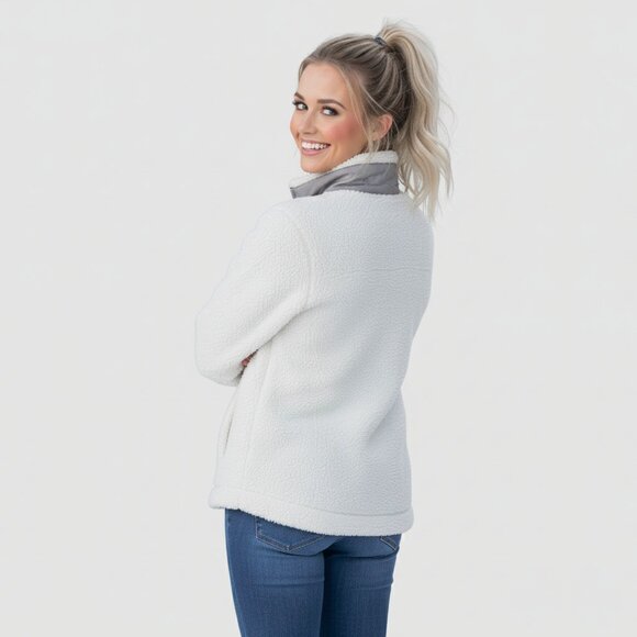 NWT Eddie Bauer Sherpa Fleece Pullover Coconut Milk & Frost Gray Snap-Neck, Sz M - Picture 7 of 16